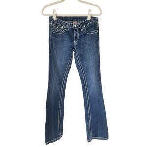 VTG Y2K Miss Chic Medium Wash Jeans White Contrast Stitch Jeweled 5 fits XS